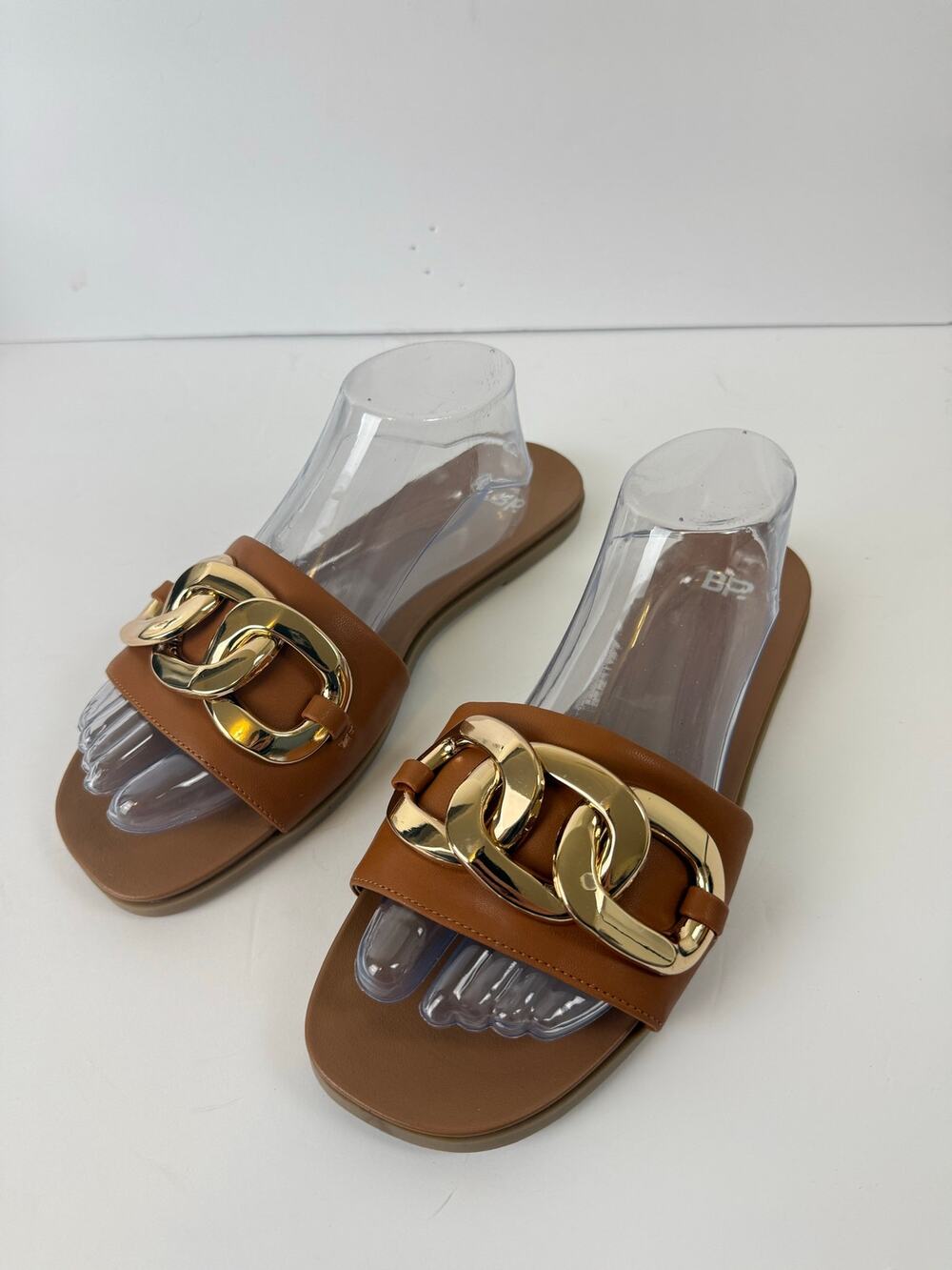 BP Nordstrom NWOT Serafina Brown and Gold Chain Link Slide Sandal Faux Leather